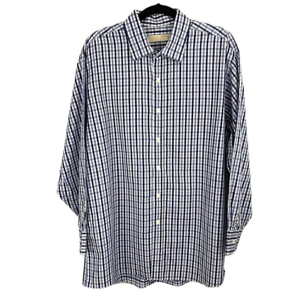 Michael Kors Mens Blue White Gingham Check Button-Front Shirt SZ 17.5 / 32 33
